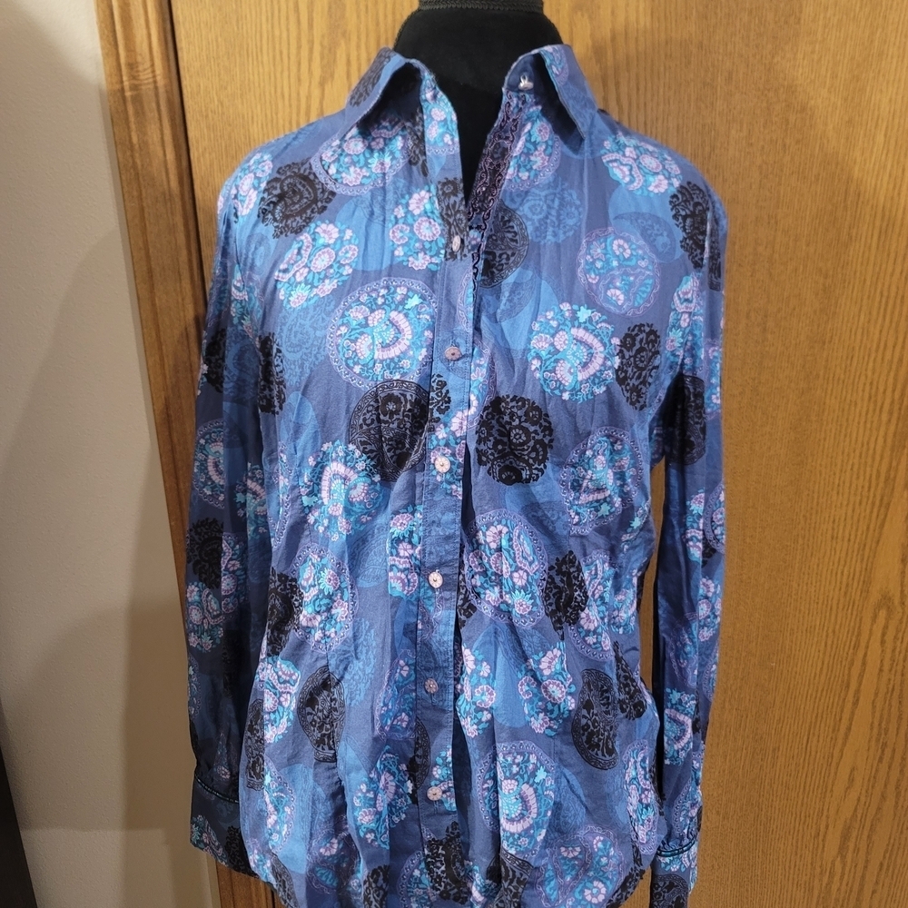 Robert Graham Women’s Blue Paisley Button Up Shirt L Floral Buttons